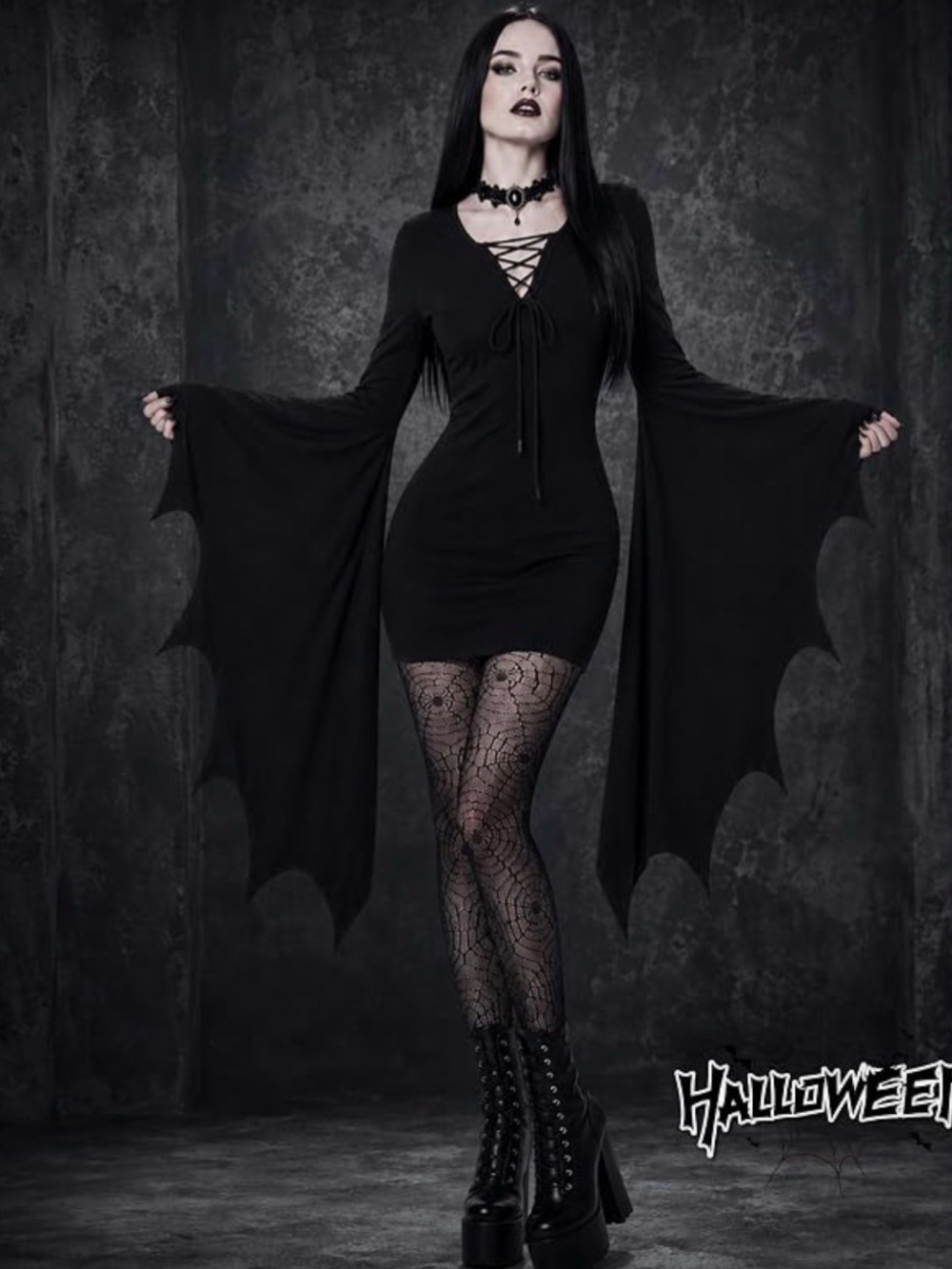 Gothic Lace-Up Batwing Sleeve Mini Dress - Black 3 - piece set